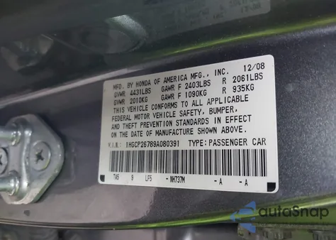 2009 Honda Accord 2.4 Ex z USA, uszkodzony, nr VIN 1HGCP26789A080391